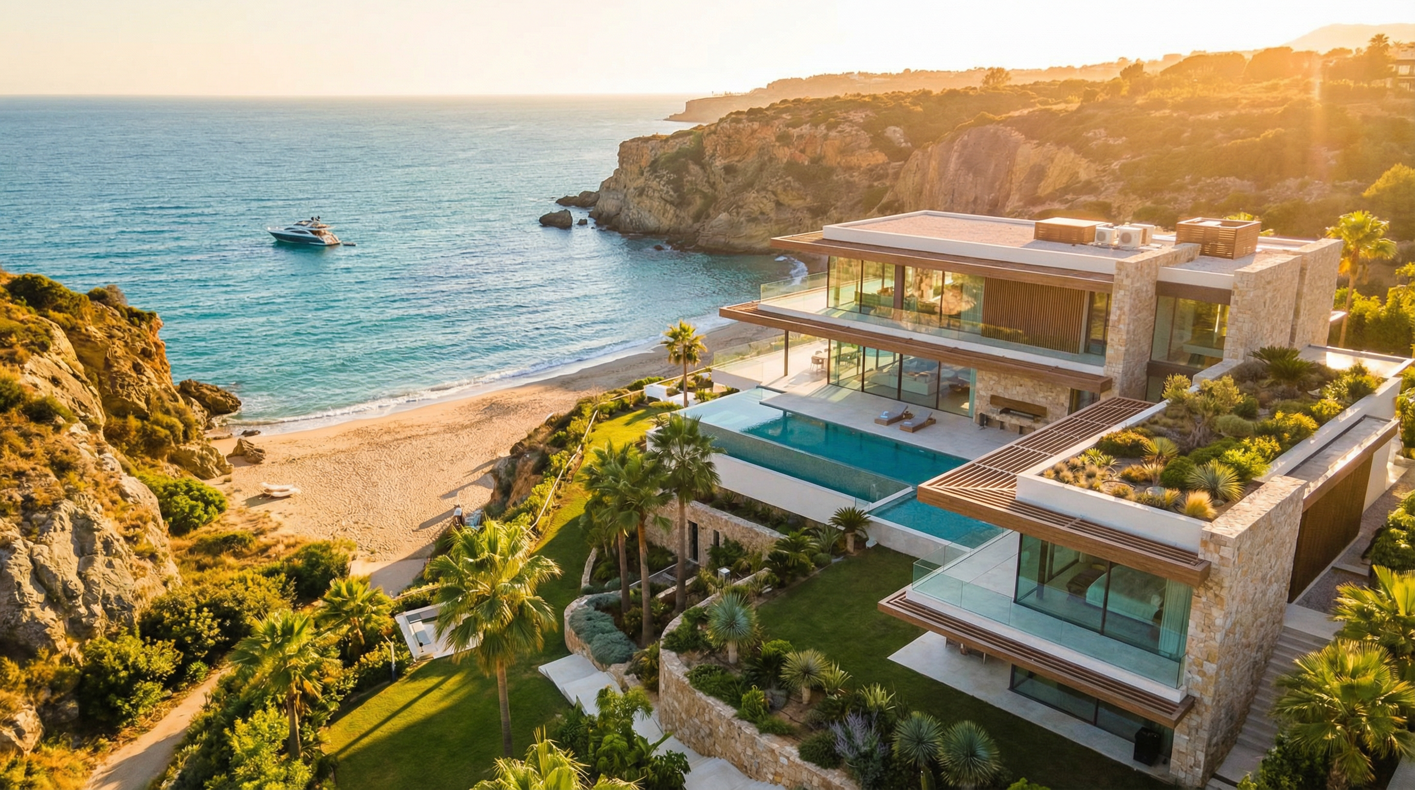 Luftbild av en lyxig kustfastighet i Costa del Sol med moderna glassfönster, grönska och sandstränder i bakgrunden.