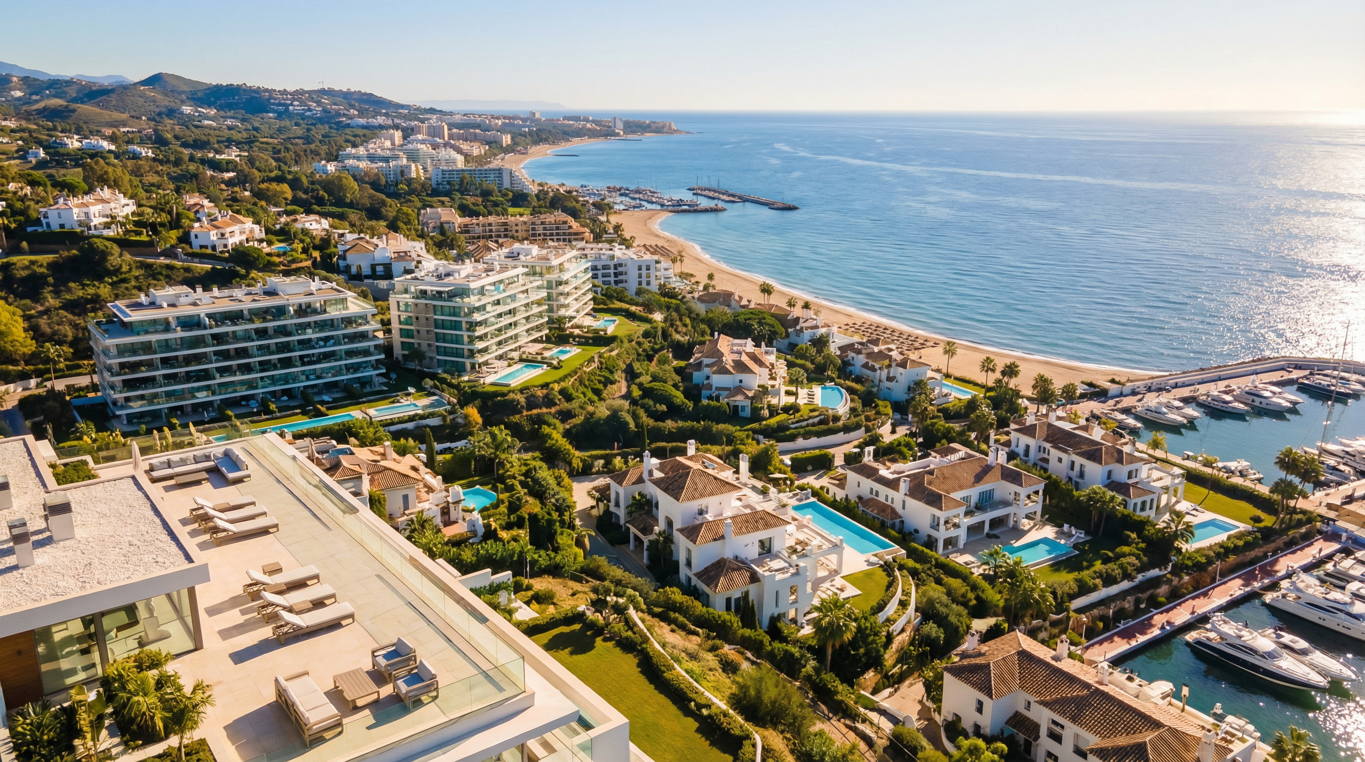 Luchtfoto van de Costa del Sol met luxe villa's en moderne appartementen in Marbella, Estepona, Mijas, Benalmádena en Fuengirola, met een helderblauwe zee en gouden stranden.