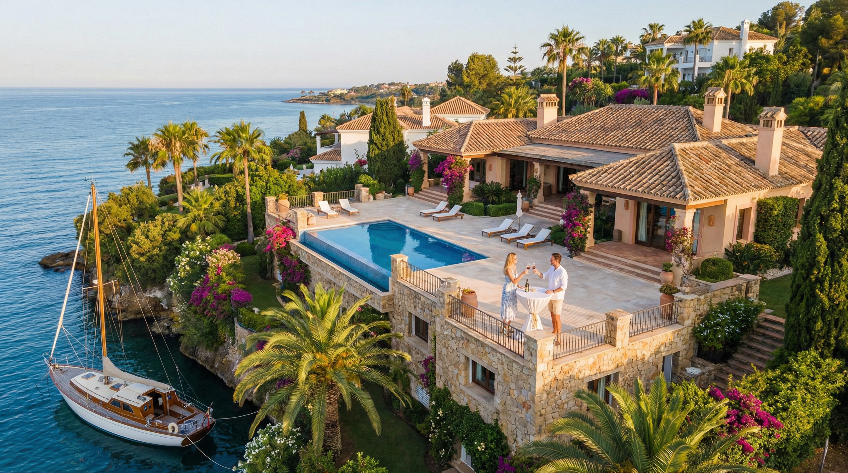 Luftaufnahme einer luxuriösen Villa an der Costa del Sol mit Infinity-Pool, großen Terrassen und üppigen Gärten, umgeben von azurblauem Meer.