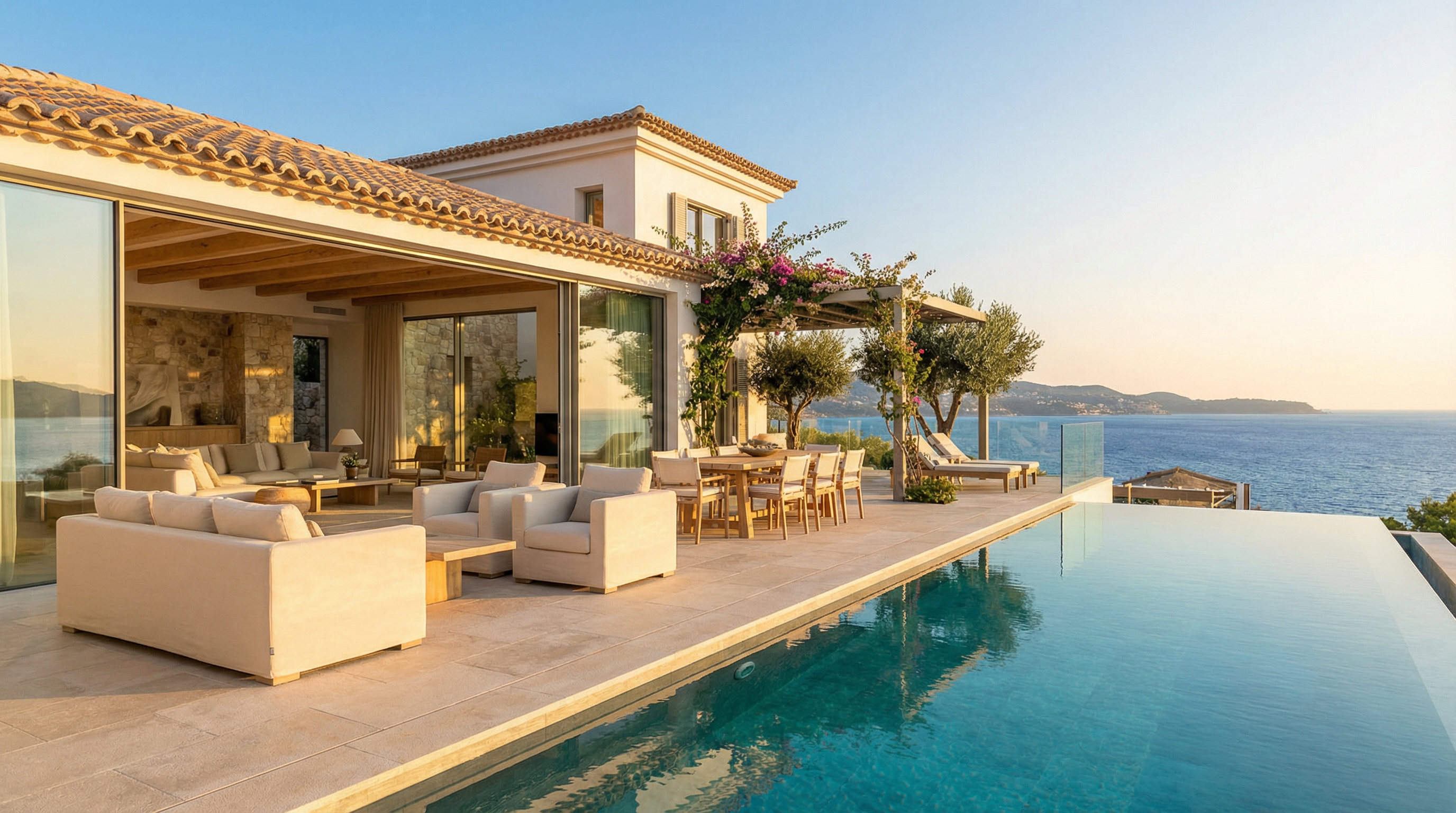 Mediterranes Luxuswohnhaus an der Costa del Sol mit eleganter Architektur, Infinity-Pool und atemberaubendem Blick auf das Mittelmeer.