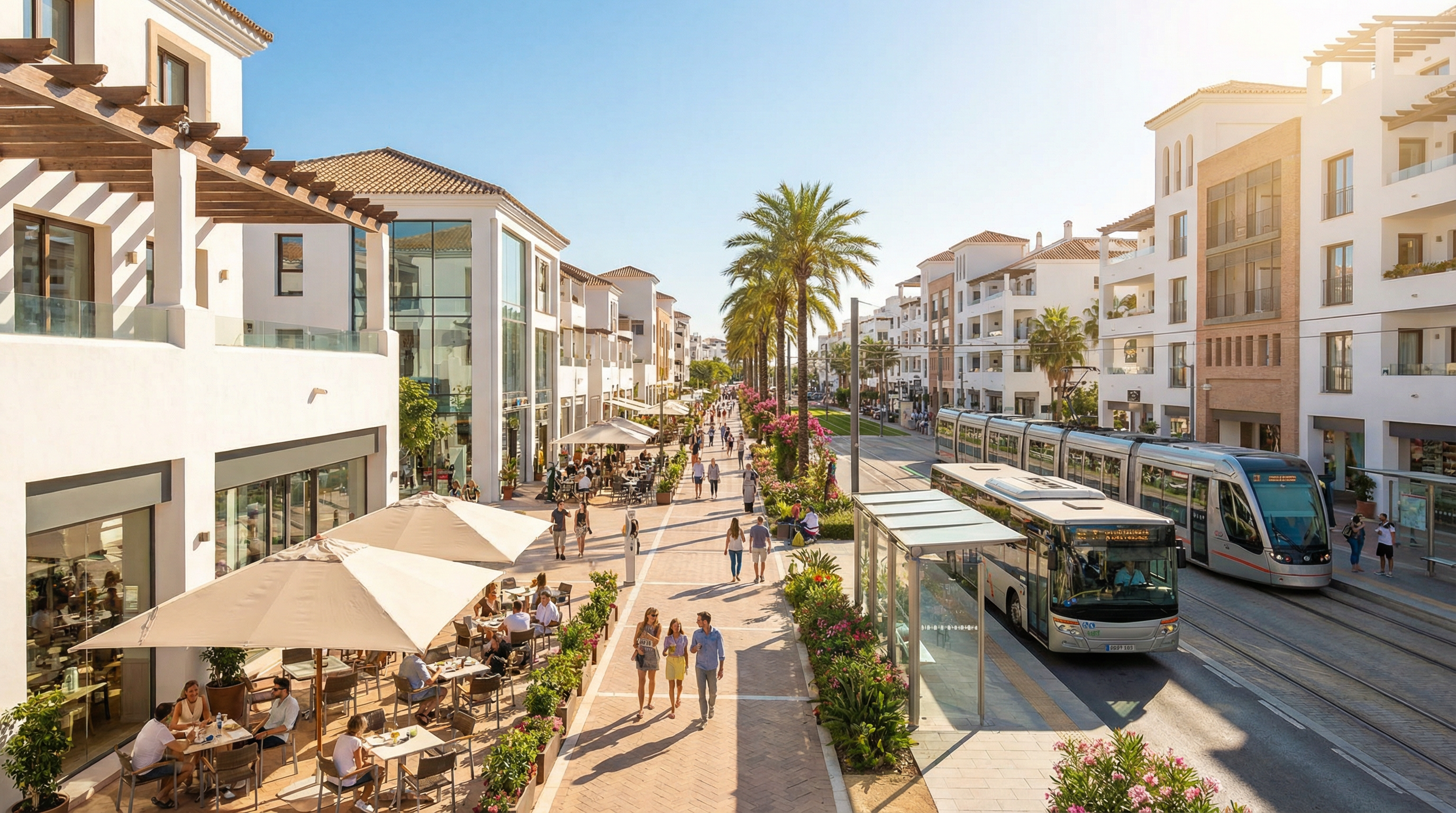 Zatłoczona ulica na Costa del Sol, z nowoczesną architekturą śródziemnomorską, kafejkami oraz stacją transportu publicznego.