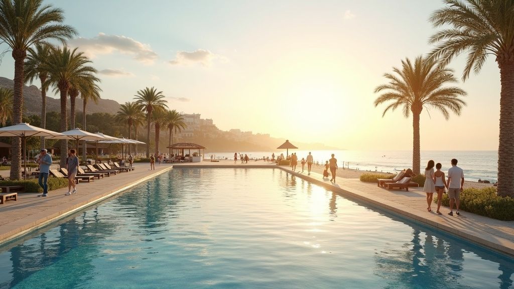 Strandpromenade, gyldent lys og mennesker nyder kystlivet i en smuk pensionsalder på Costa del Sol.