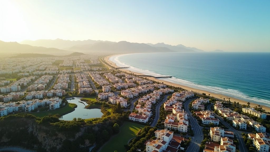Aerial panoramic of Costa del Sol, likely soligaste regionen i Europa, showing beaches, towns, and mountains in golden morning light.