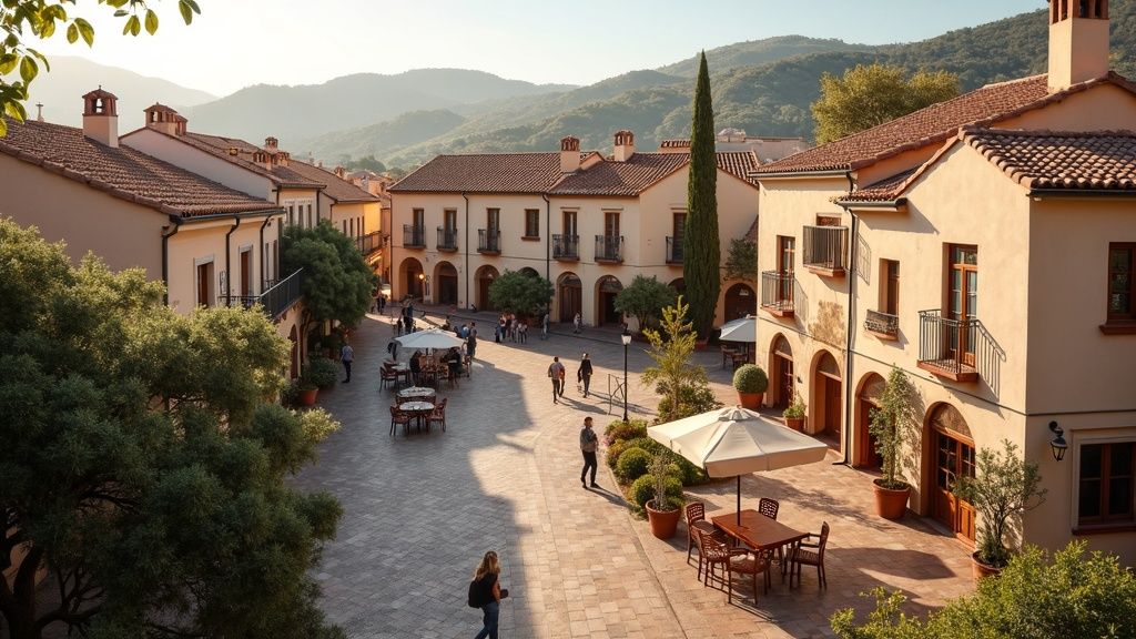 Spansk stadskärna i kvällssol: solenergi och välmående i Costa del Sols charmiga plaza, livlig atmosfär.