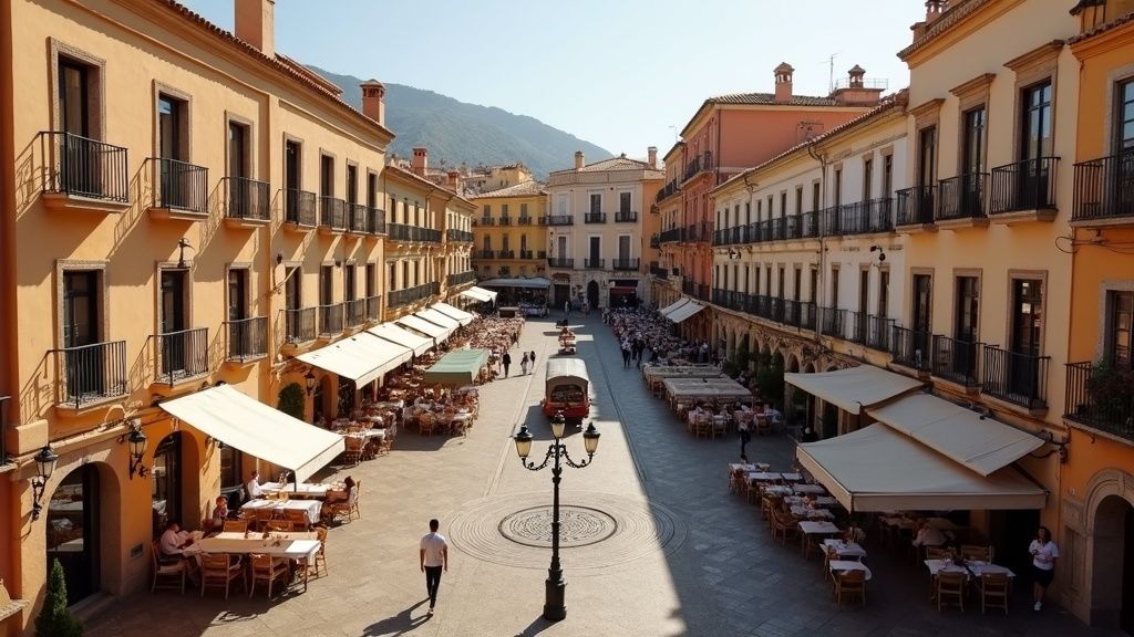 Málaga town center from above: Enjoy the beautiful plazas & outdoor dining under the glorious weer Costa del Sol.