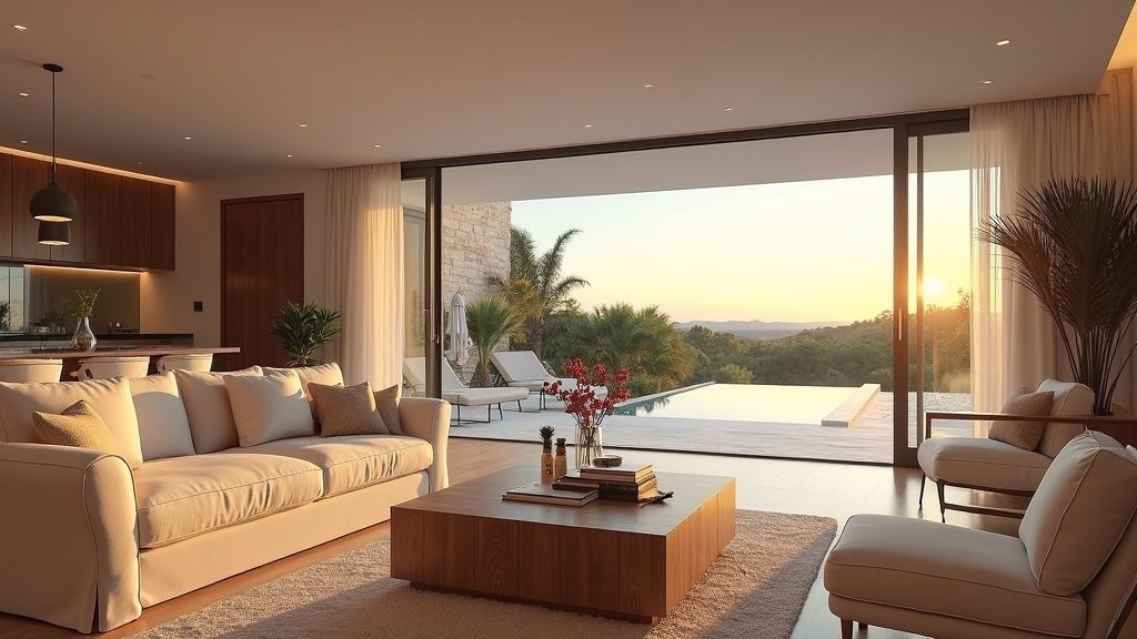 Klimaatstatistieken Spanje: Luxe Costa del Sol woonkamer met zonsonderganglicht, vergelijking van binnen-buitenleven.