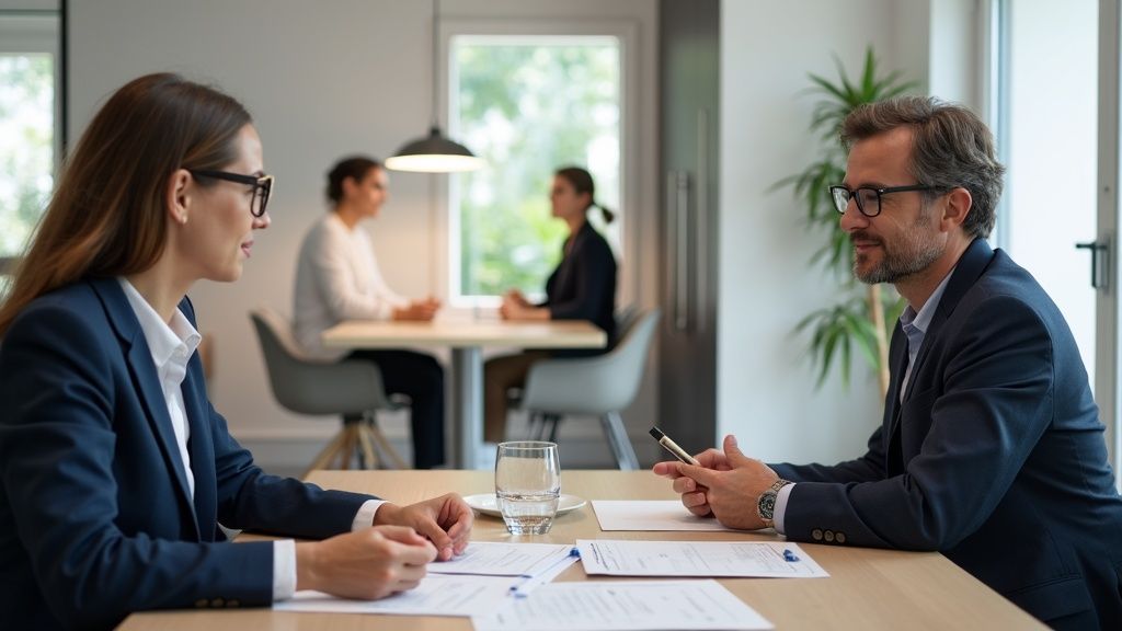 Professional consultant aiding international clients in modern office, documents on table. Buying property Costa del Sol 2025 step by step guide.