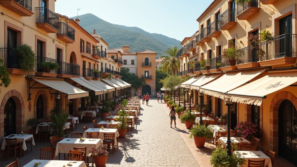 Aerial view of a charming Costa del Sol town square at sunset, inviting you to enjoy solgaranti året rundt Costa del Sol and a vibrant lifestyle.