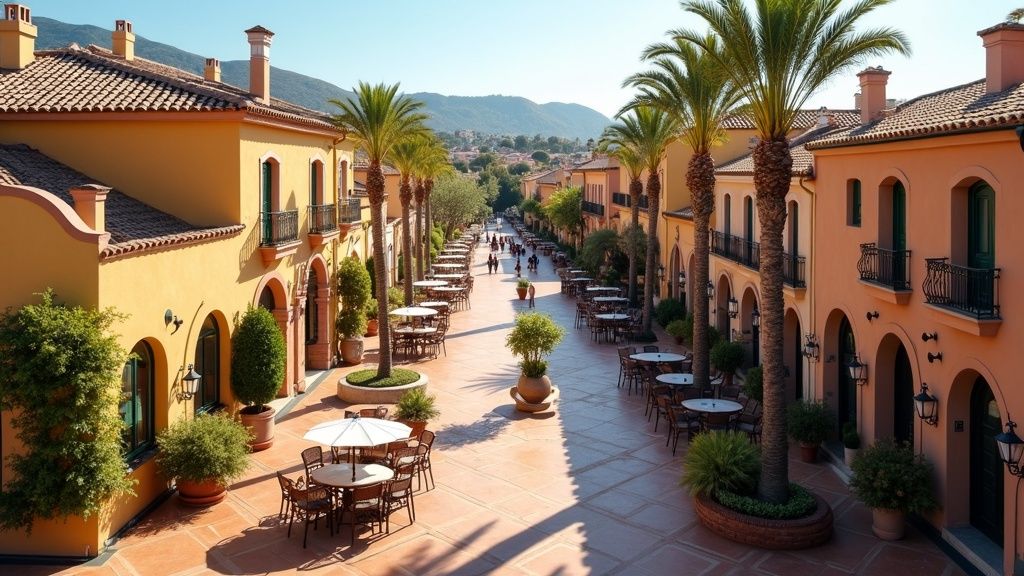 Charming Spanish plaza in a Costa del Sol town, evoking the lifestyle near Parc Naturel de Los Alcornocales.