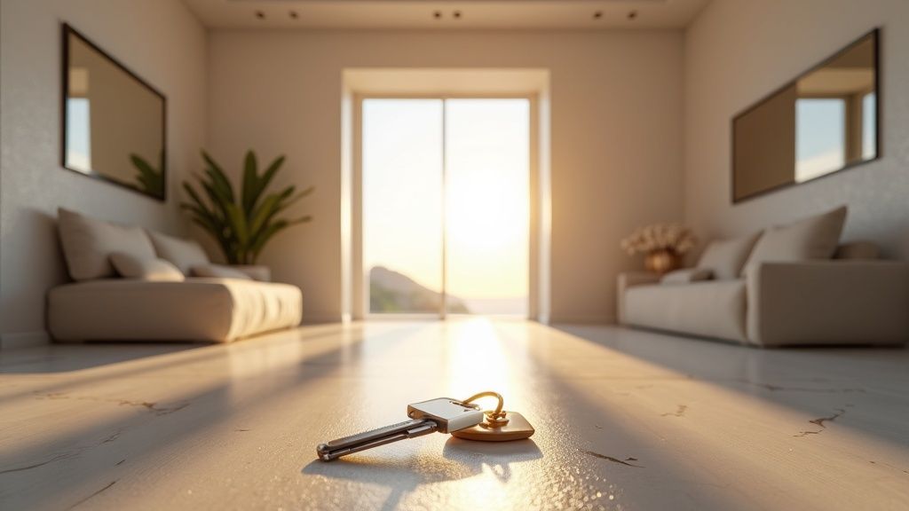 Propriété luxe Costa del Sol : clés sur table, intérieur impeccable, baigné de soleil. Idéal investir Costa del Sol climat.