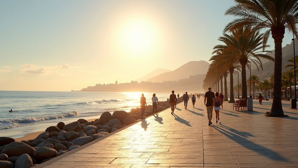 Oplev det solrige liv: strandpromenade i Málaga med palmer og mennesker i gyldent morgenlys – hvilke regioner mellem Málaga og Sotogrande tilbyder flest solskinstimer om året?