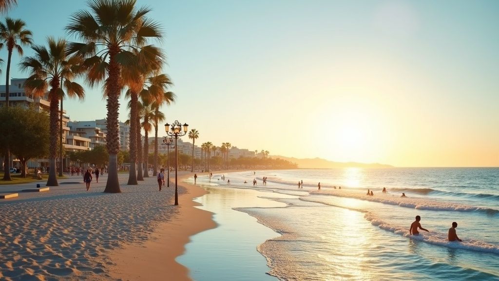 Istuva rannikon elämäntapa Costa del Solissa: Ihmiset kävelevät palmujen reunustamalla rantakadulla aamun kultaisessa valossa. Täydellinen ulkoilma-aktiviteetit ympäri vuoden Costa del Sol.