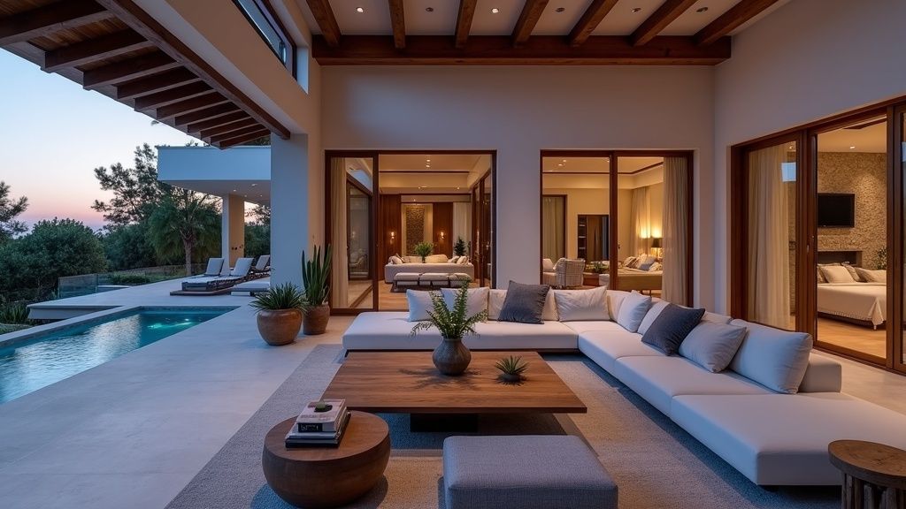 Luksuriøs stue på en eiendom for solrike vintre Costa del Sol, med kveldslys, moderne innredning og terrasse.