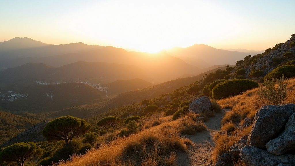 Golden hour over Sierra Blanca mountains. Experience Costa del Sol average temperatures while hiking nature trails.