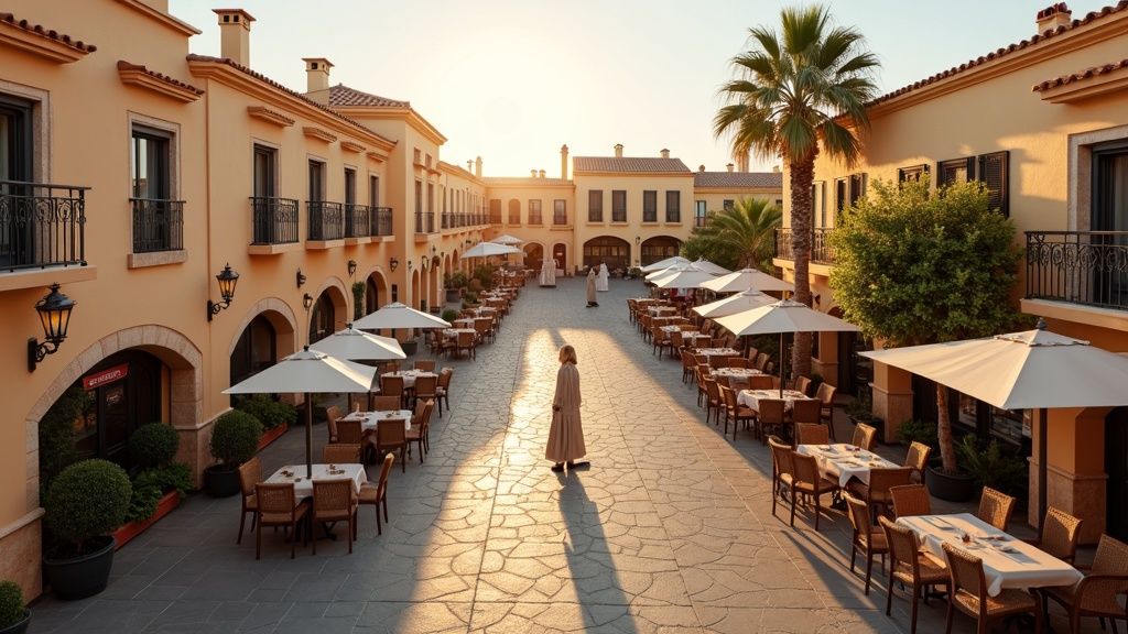 Charming Costa del Sol town. Mediterranean plaza, outdoor dining, amber light. Is the Costa del Sol humidity level comfortable?