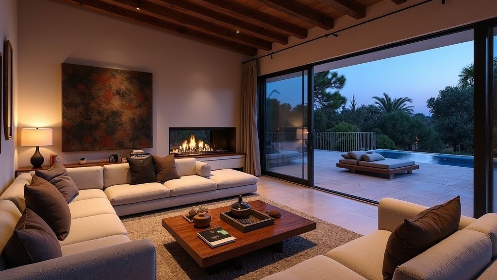 Luxus spa szállodák: Costa del Sol-i wellness központok kifinomult, tágas nappalija teraszkijárattal.