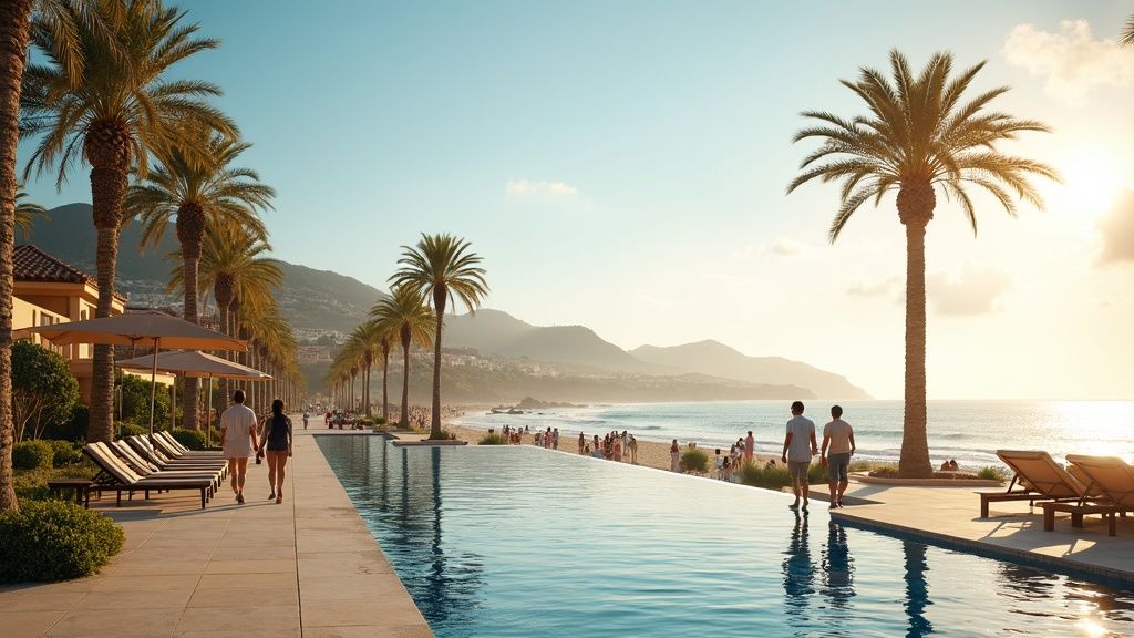 Morgenstemning Costa del Sol: folk nyter frisk sjøluft langs palmefylt strandpromenade ved Middelhavet.