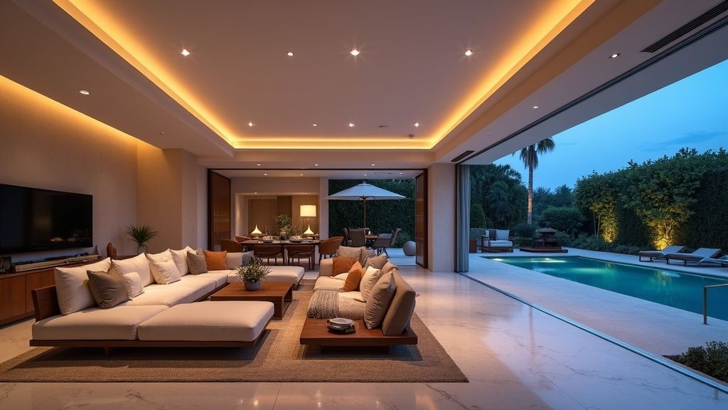 Luksuriøst oppholdsrom, naturlig ionisering Costa del Sol: Kveldssol belyser elegant interiør for optimal velvære.