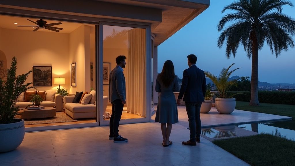 International buyers explore a Spanish colonial luxury property with an agent, understanding how to prevent ocupas in Spain.