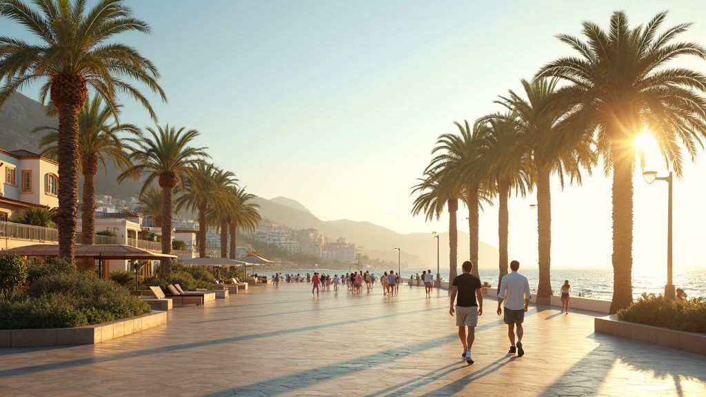Middelhavsklima og natur Costa del Sol: Kystliv inspirert av gyllen morgen på strandpromenaden med palmer og mennesker.