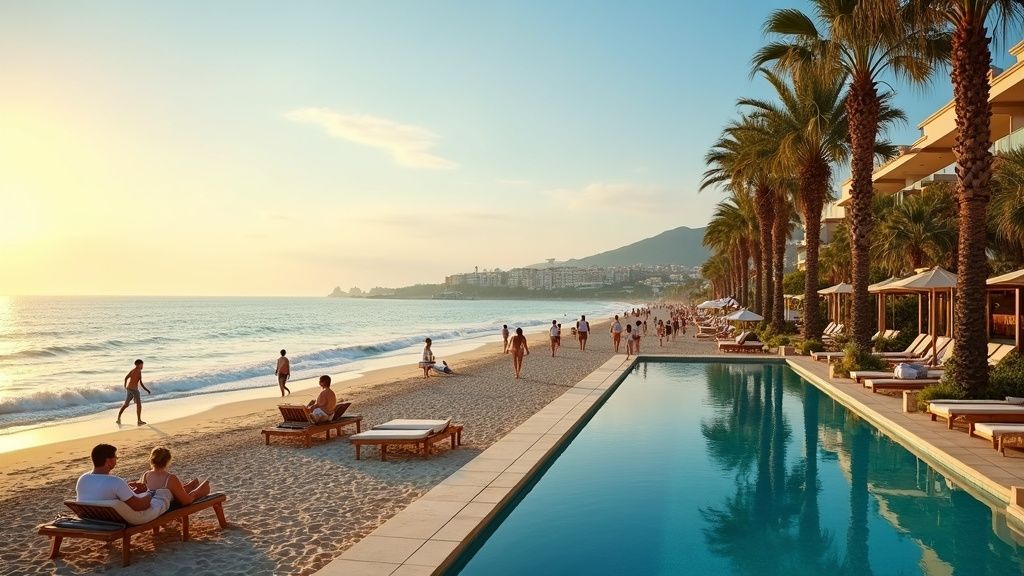 Kustlivsstil i Costa del Sol, som visar en livlig strandpromenad perfekt för familjer som flyttar till Costa del Sol med barn.