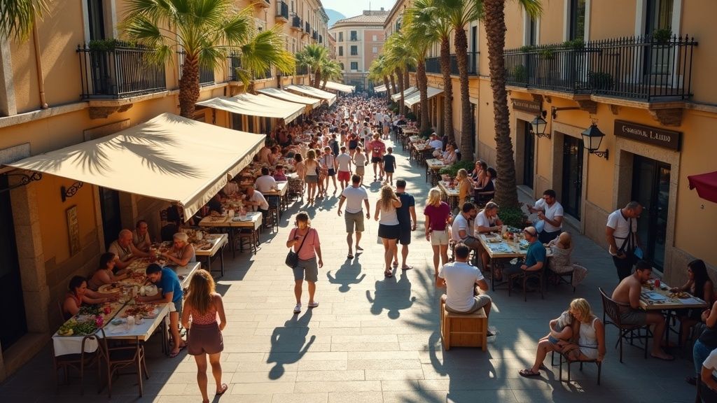 Families enjoying vibrant community life in Costa del Sol, embracing café culture, outdoor markets, and palm-lined streets while living in Costa del Sol with children.