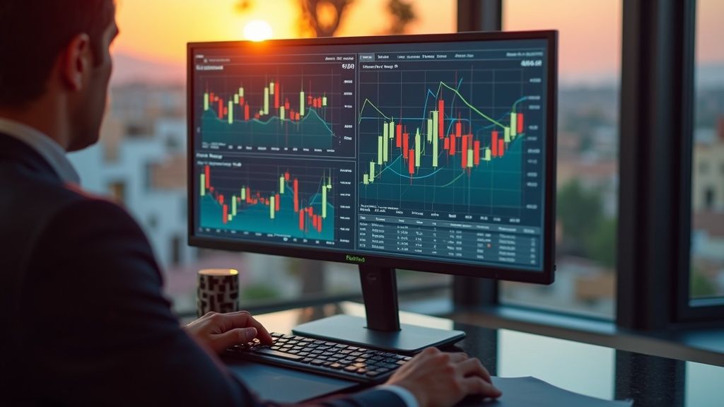 Investment consultant analyzing ROI data & market trends to identify hot properties in Costa del Sol market.