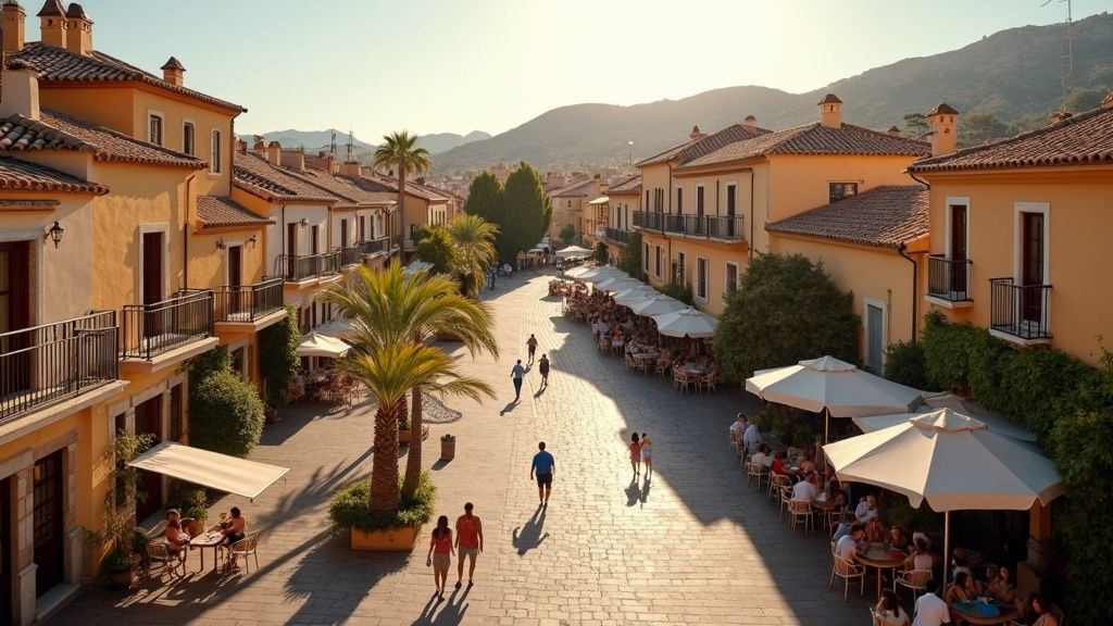 Charming Costa del Sol plaza with outdoor dining, inspiring a lifestyle answer to buying a holiday home. Is it
expensive?