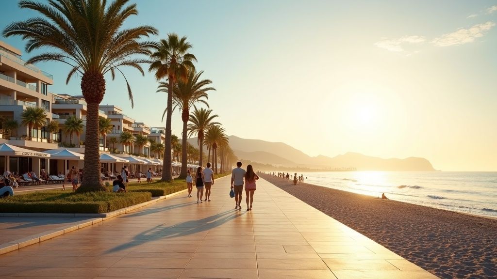 Luxuriöses Costa del Sol Lebensgefühl: Goldene Morgenstimmung am Strandweg mit Palmen & Mittelmeer – perfekt für Ihren Luxus-Spa Costa del Sol Urlaub.
