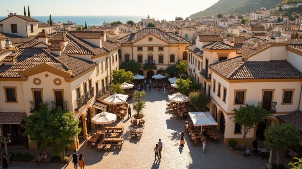 A charming Costa del Sol town square, inspiring the wellness lifestyle around a Wellnesszentrum Thalasso-Therapie Costa del Sol.