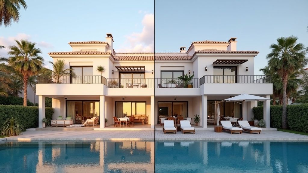 Thalasso Thermalbäder Costa del Sol Vergleich: Gegenüberstellung von zwei Küstenimmobilien zur Lebensstil- und Preis-Leistungs-Analyse.