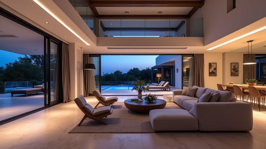 Retire Costa del Sol winter: Luxurious Andalusian living room at dusk, ideal for comparing remote work and retirement.
