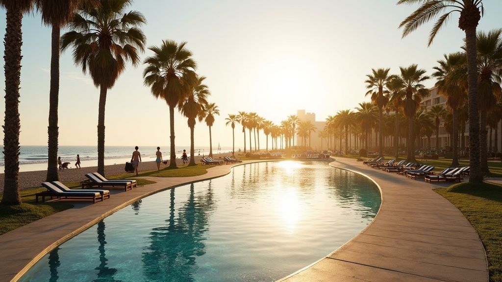 Solrig Costa del Sol strandpromenade med palmer og mennesker i morgenlyset – et glimt af livsstilen for nybyggeri Costa del Sol for europæiske boligkøbere.