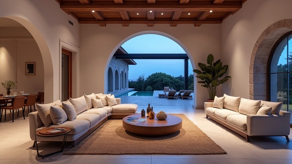 Luxe woonkamer in Costa del Sol: ruim, moderne inrichting, blauw uur, ideaal voor vitamine D zonlicht en ontspannen levensstijl Spanje.