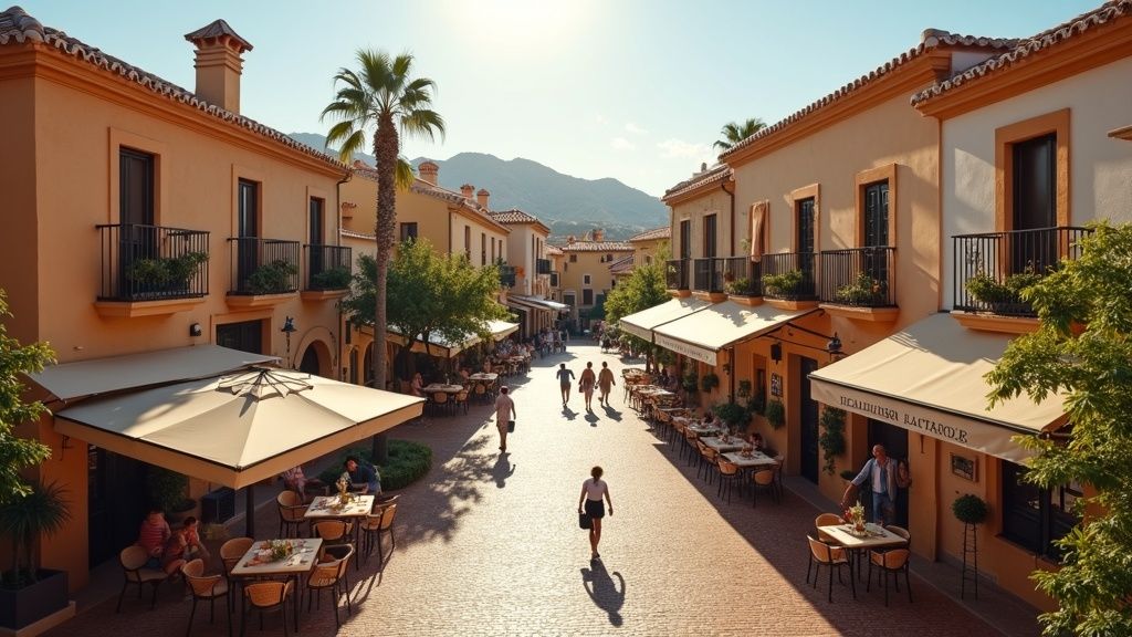 Charming Costa del Sol plaza: traditional architecture, dining, and soft light. A trygg investering i Spania, stabilt eiendomsmarked Costa del Sol, høy verdiøkning.