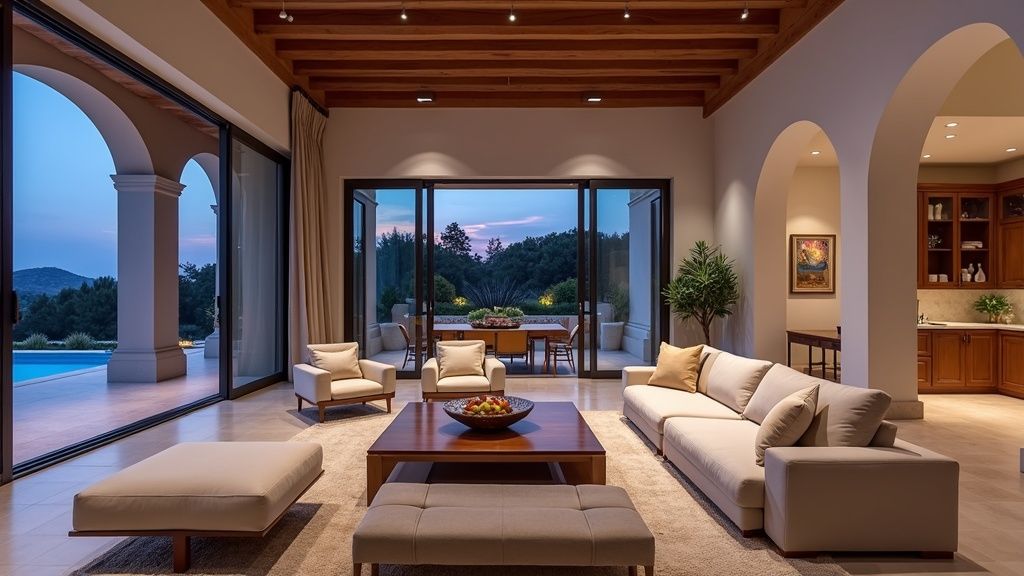 Moderne villa i Costa del Sol: romslig stue med elegant interiør, perfekt for golf- og strandliv. Havutsikt muliggjort.