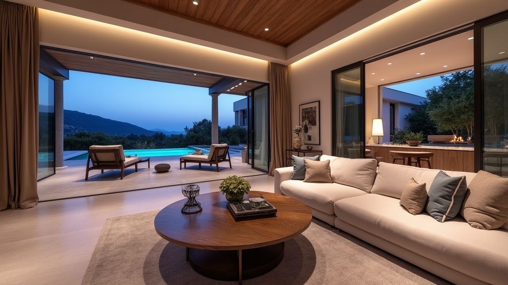 Lyxig stressreducerande miljö Costa del Sol mental hälsa – elegant vardagsrum med terrass och spansk design.