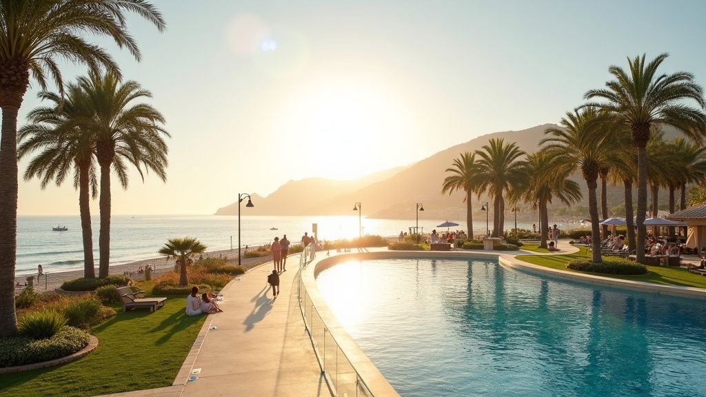 Słońce Costa del Sol kształtuje styl życia i ekosystem: palmy, plaża, iście śródziemnomorski klimat. Przejdź się!