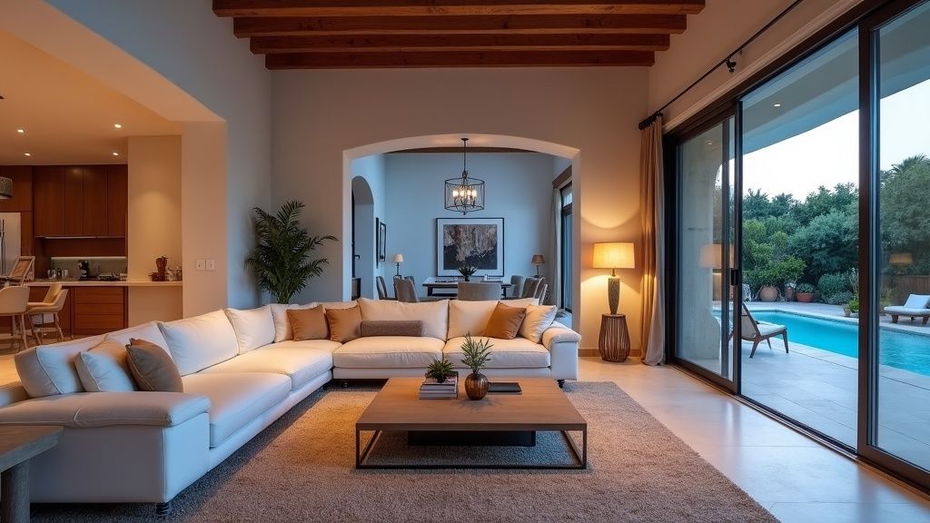 Marbella nieruchomość, Estepona wnętrza: luksusowy salon z dostępem do tarasu, hiszpański design. Wpływ klimatu na otoczenie.