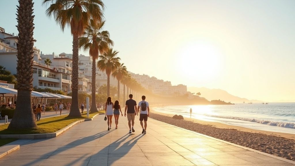 Ihana välimerellinen ilmasto Costa del Solilla: rannalla käveleviä ihmisiä palmupuiden alla aamun kultaisessa valossa.