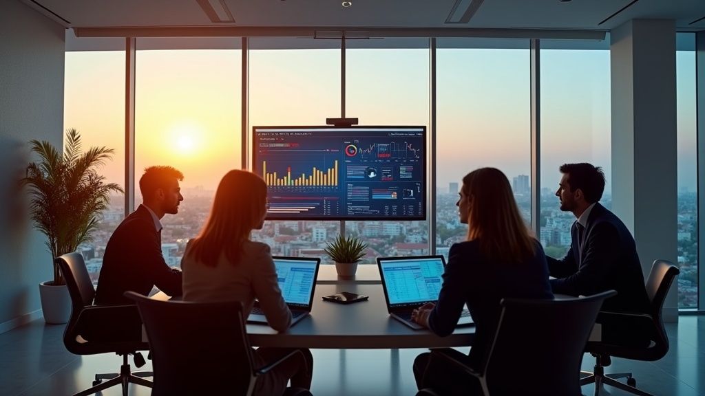 Costa del Sol agency pros analyzing data, questioning traditional IMO limitations 2025 in a sunlit modern office.