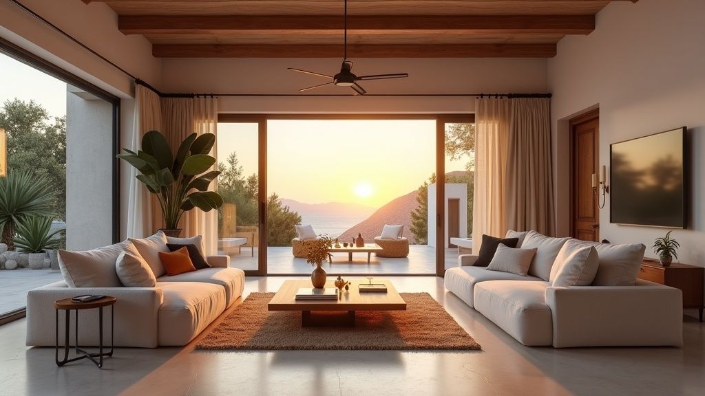 Andalusian luxury living room with sunset glow, inspiring agency owners considering leaving traditional IMO.