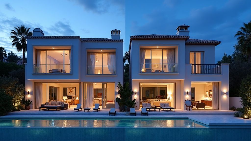 Vergelijking Málaga regio Marbella Estepona Fuengirola Benalmádena Mijas Sotogrande zonlicht Costa del Sol: koloniale en moderne villa interieurs bij blauw uur.