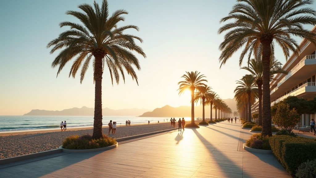 Klimat Costa del Sol: Soligt väder året runt med 320 soldagar. Palmklädd strandpromenad och Medelhavet i morgonljus.