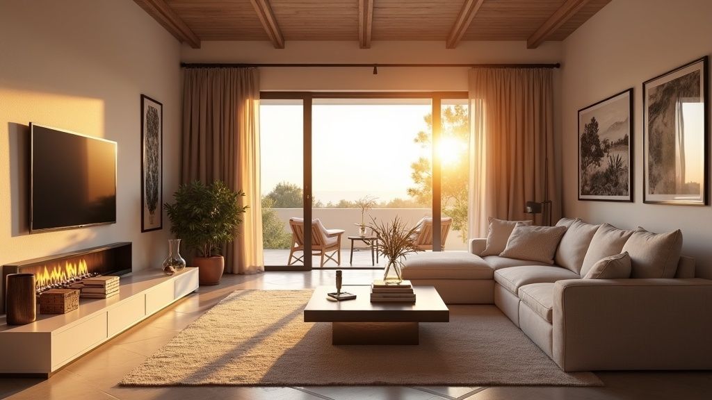 Andalusisk lyxbostad Costa del Sol: elegant vardagsrum med naturligt ljus, terrassåtkomst. Upplev låg luftfuktighet, svala havsbriser och kustens klimat.