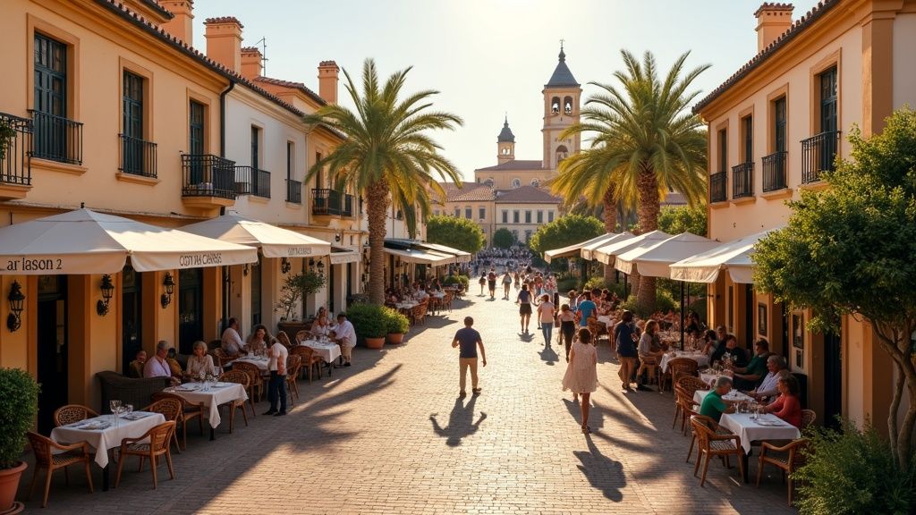 Charming Spanish plaza in Costa del Sol, embodying the framtidssäker bostad Costa del Sol lifestyle, bathed in soft afternoon light.