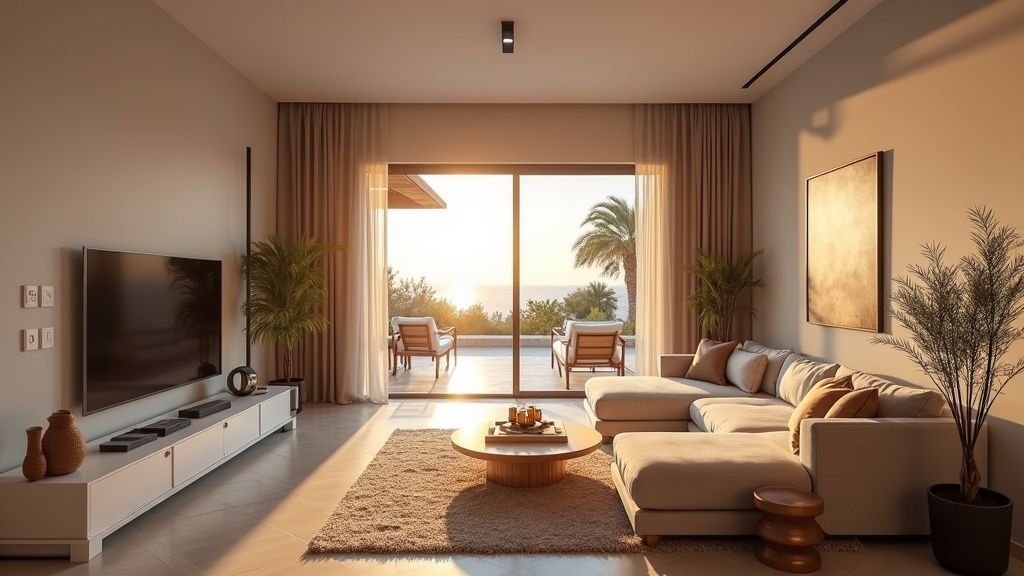 Andalusian luxury property living room; modern design, sunset light, terrace view. Explore lyxiga bostadsområden Costa del Sol skattefördelar.