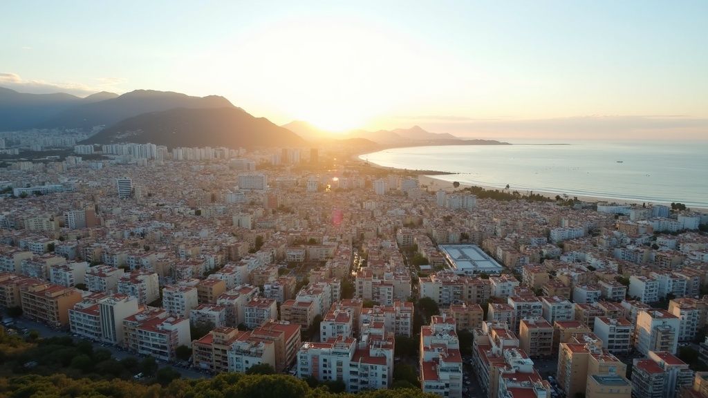 Panoramavy över Málaga, Costa del Sol i morgonljus, med kustlinjen, stränder och naturparker i bakgrunden. Upplev naturparker Costa del Sol!