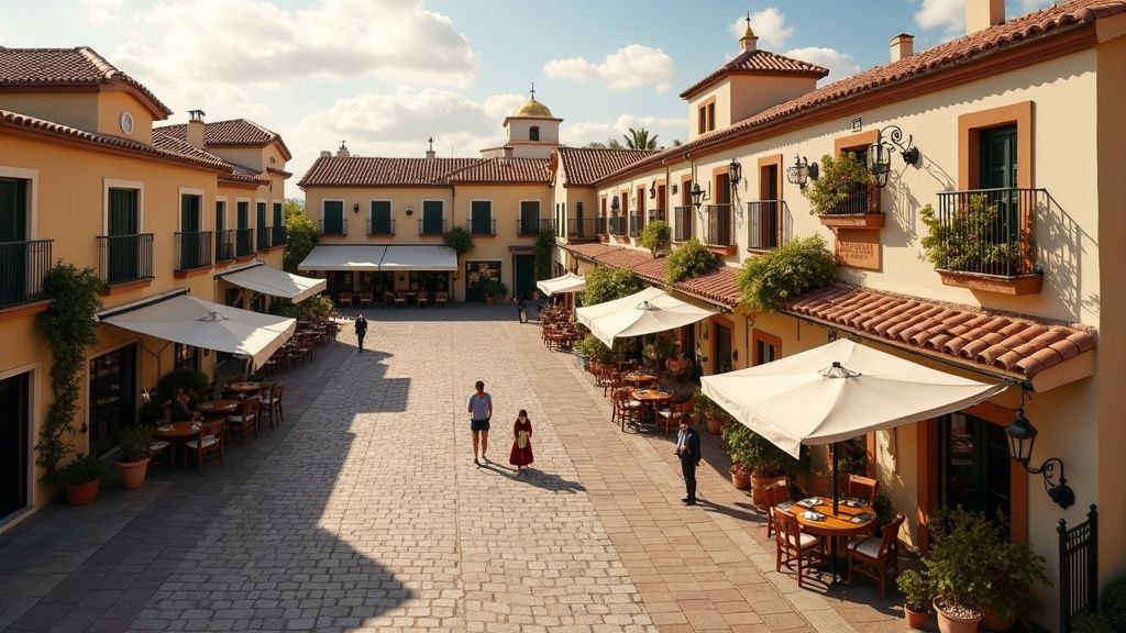 Flygfoto över charmig spansk plaza i Costa del Sol, belyser vandringsleder och bergsområdenas livsstil.