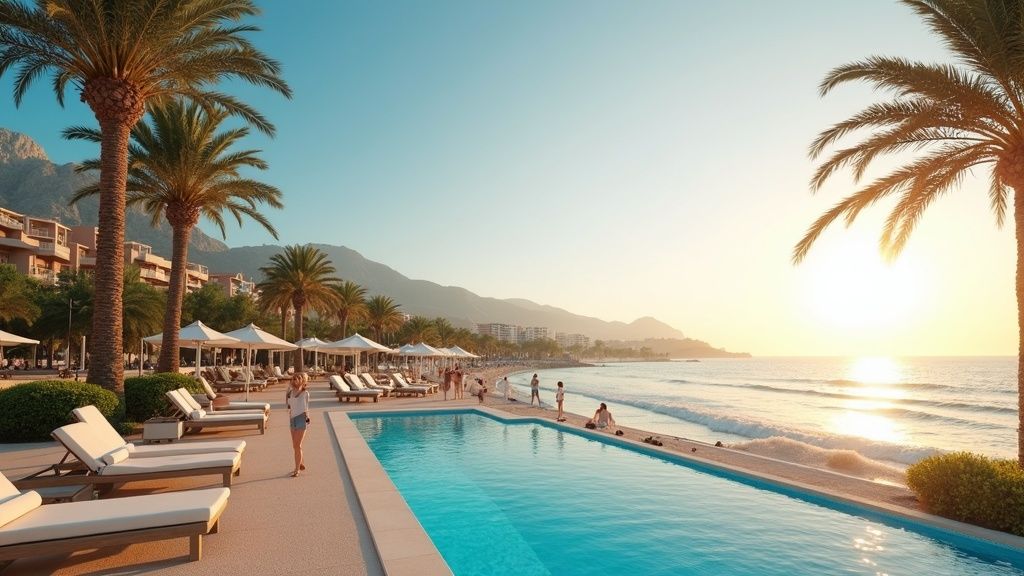 Levendige boulevard in Costa del Sol, die een kustlevensstijl toont die ideaal is voor wie onroerend goed wil kopen, Costa del Sol.